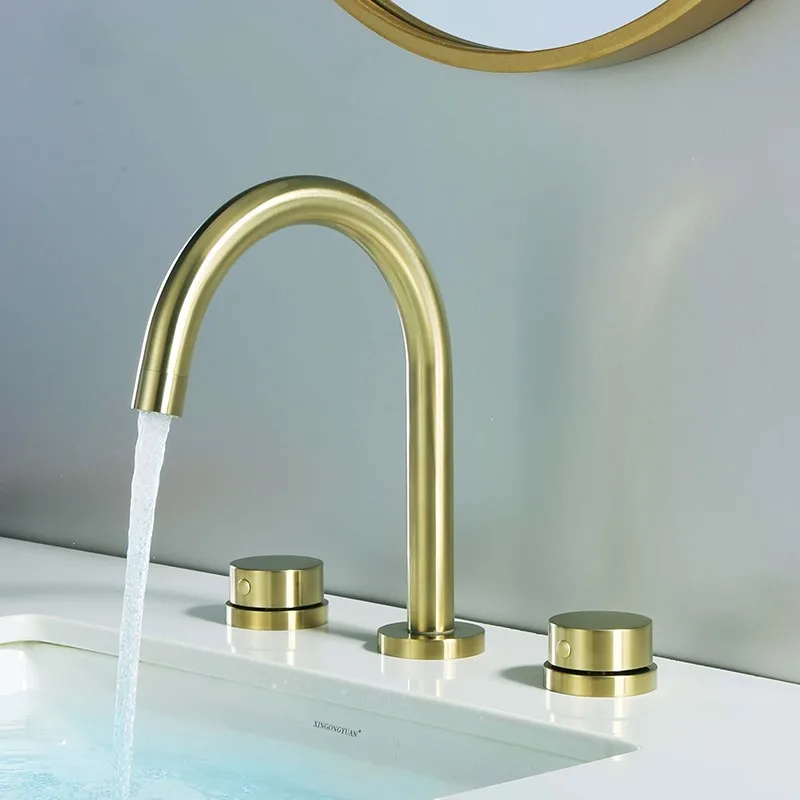 

Top quality Brass bathroom faucet Brushed gold copper basin mixer faucet Three holes Two handles cold hot water sink faucet