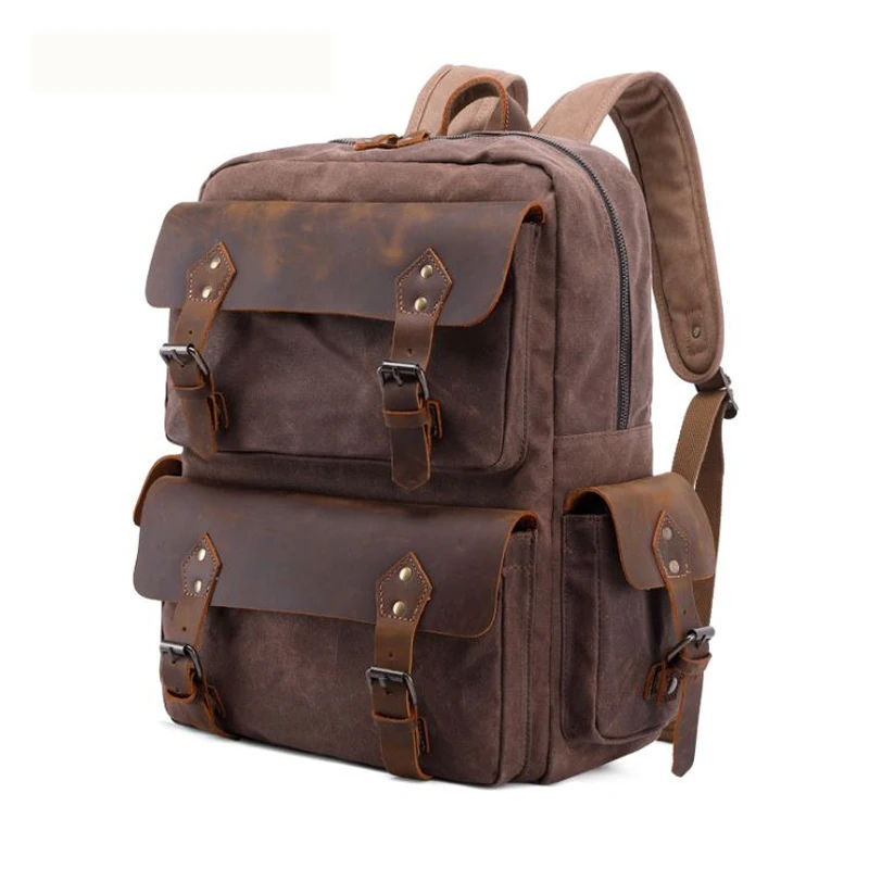 Vintage Waterproof Waxed Canvas Men\'s Backpack teenage School Bag Women Rucksack Genuine Leather Backpack Travel large knapsack