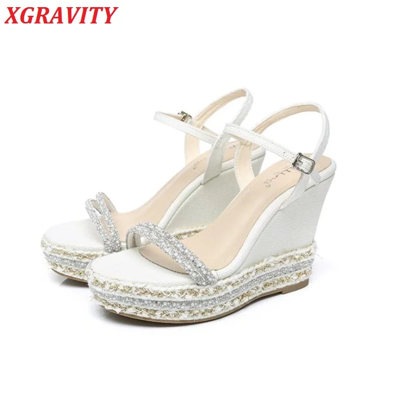 

Size 34-39 Top Quality Thick Sole Platform Shoes Crystal Laides Wedge Sandals Princess Lady Evening Shoes Sexy Dress Shoes Party