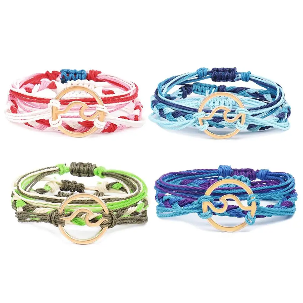 Multicolored Waxed String Wave Charm Sailor Knot Handmade Bracelet Women Men Daisy Sunflower Adjustable Beach Surf  Jewelry Gift