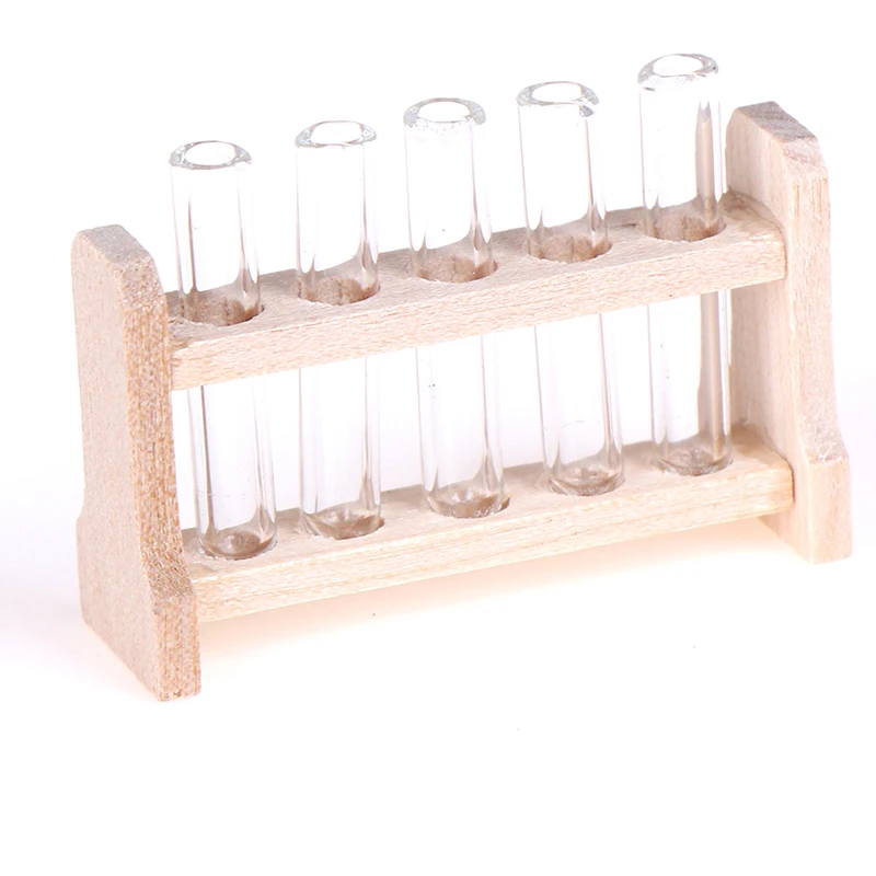 5pcs/set Laboratory Glass Test Tubes with Wooden Rack Set Decoration Ornament 1:12 Dollhouse Miniature Accessory