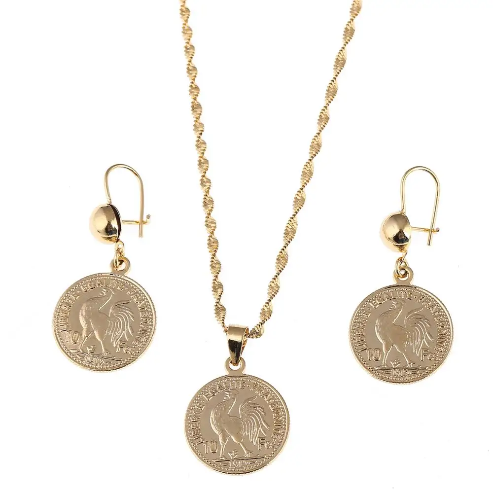 Gold Color Franc Coin Pendant Necklaces Women Men France Lecoqgaulois Old French Coin Jewelry