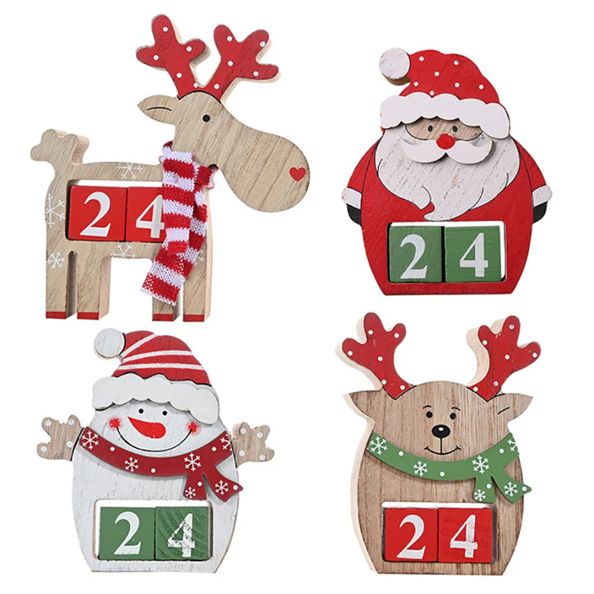 Merry Christmas Count Down Advent Calendar Blocks, Days Until Christmas, Wooden Snowman Old Man Elk Ornaments Decoration