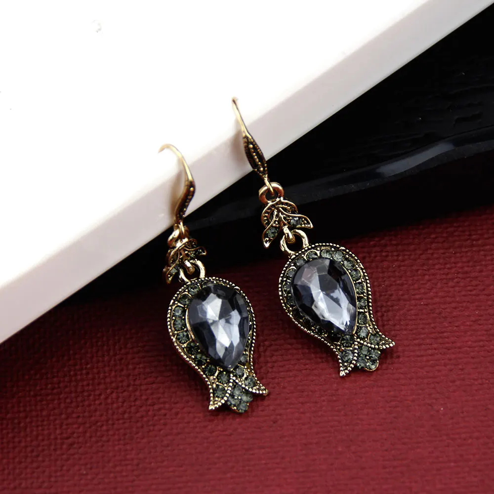 Sunspicems 2020 Gray Big Crystal Drop Earring Ring For Women Antique Gold Color Turkish Vintage Wedding Jewelry Sets Bridal Gift