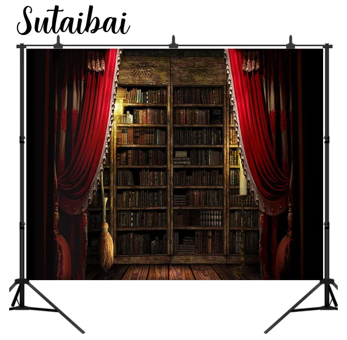 Halloween Themed Photography Backdrop Curtain Floor Bookshelf Magical Broom Background Photo Studio Booth Props