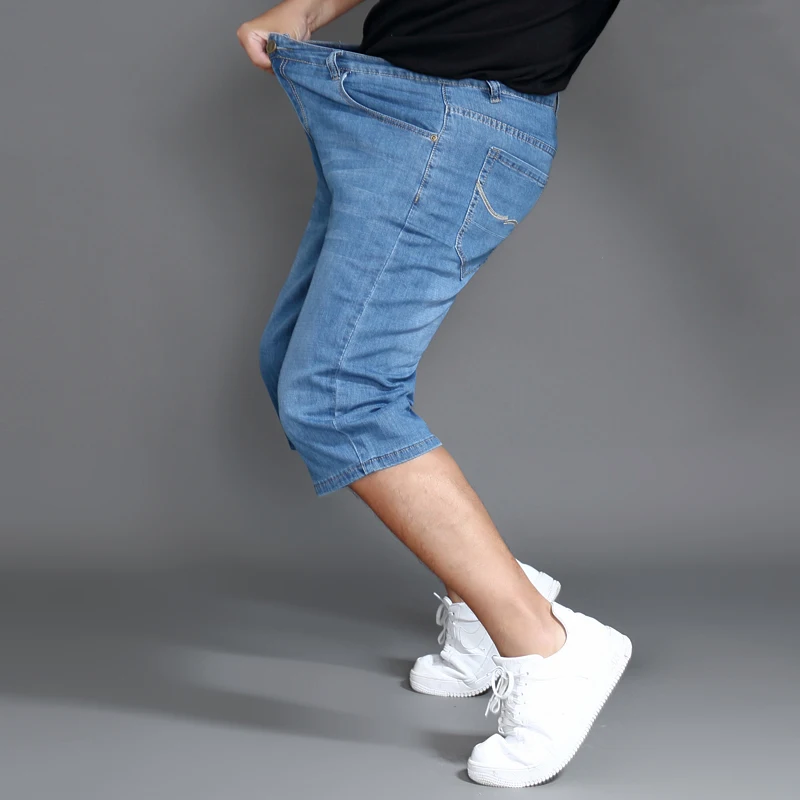 Summer Jeans Shorts Mens Denim Elastic Stretched Thin Short Jean Oversized Plus Light Blue 42 44 46 48 Male Calf Length Trousers