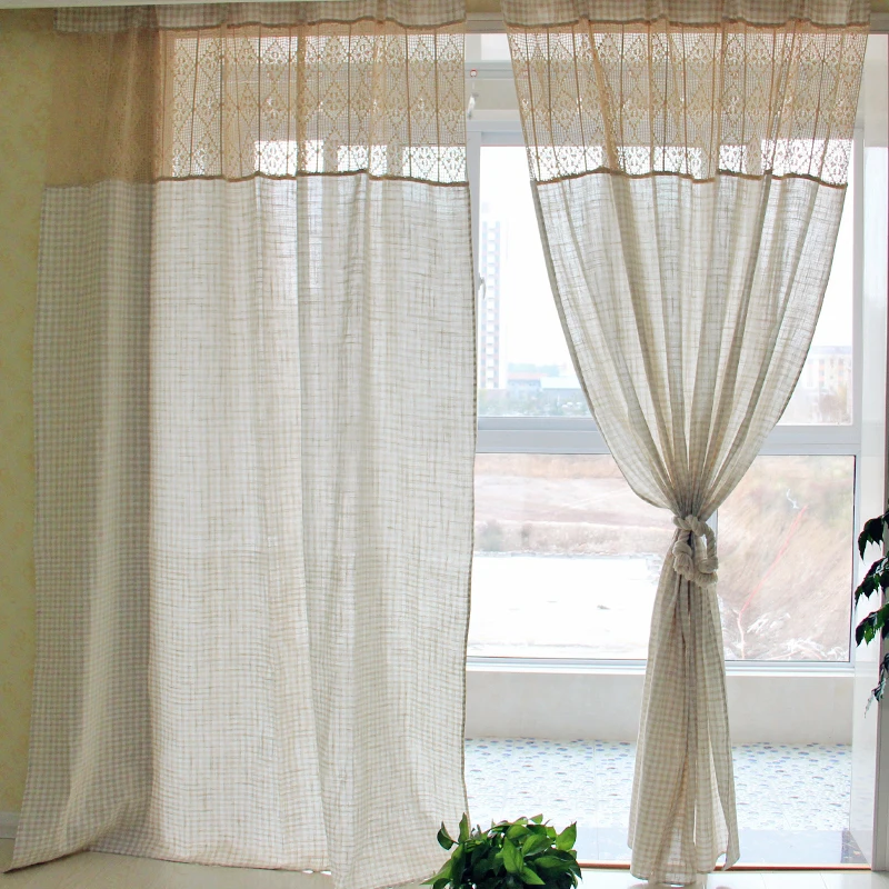 

Natural Linen Color Curtains for Living Room Semi-Blackout Pastoral Linen Cortinas Hemp Yarn Striped Grid Gauze Plaid Drapes