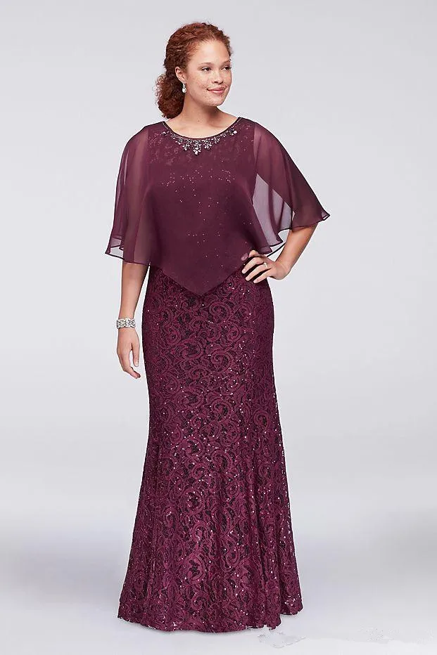 Mutter der Braut Kleider Burgund Plus Spitze Formale kleid Mit Wrap Perlen Jewel Neck Mermaid abendkleid Günstige Boden länge