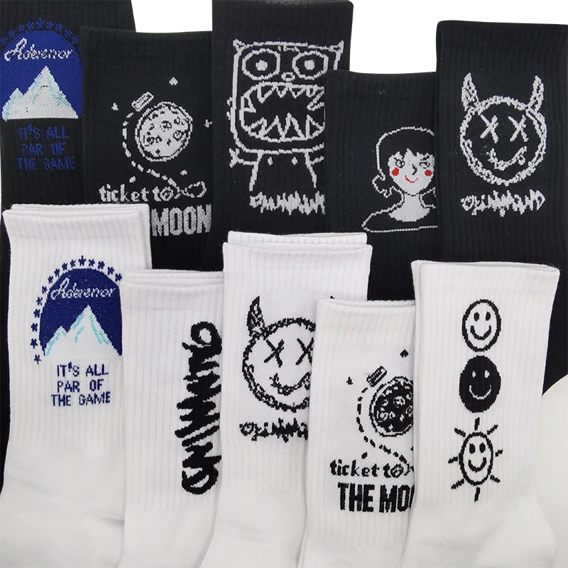 10 Pairs/Pack Men Woman Street Trend Cotton Cartoon Pattern Hip Hop Style Breathable Mid Tube Socks Skateboard Soft Long Sock