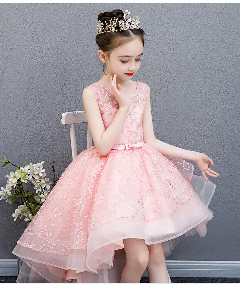 Girl Wedding Party Flower Girl Bridesmaid Embroidery Tail Dress Princess Birthday Host Walking Piano Performance Dress