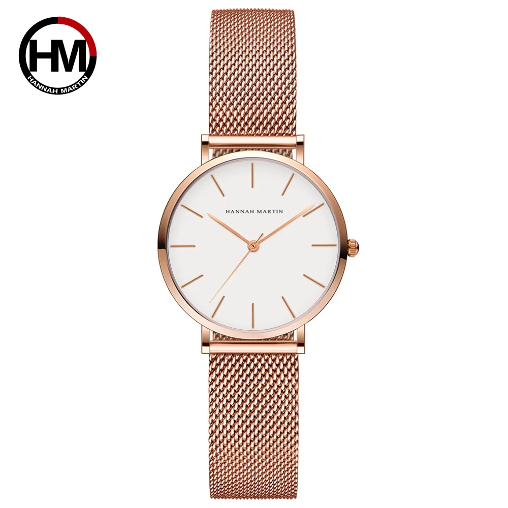 Women's Hannah Martin Waterproof Stainless Steel Mesh Watch, Movimento de Quartzo Japão, Ladies Watch, Alta Qualidade, Movimento Motor, 36mm, 2035