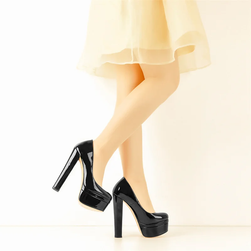 Onlymaker Women Platform Pumps Round Toe Slip On Block Chunky Heels Party Patent Black Large Size Shoes