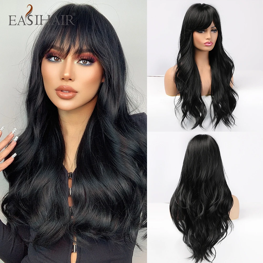 EASIHAIR Long Dark Brown Women\'s Wigs with Bangs Water Wave Heat Resistant Synthetic Wigs for Women African American Hair Wig