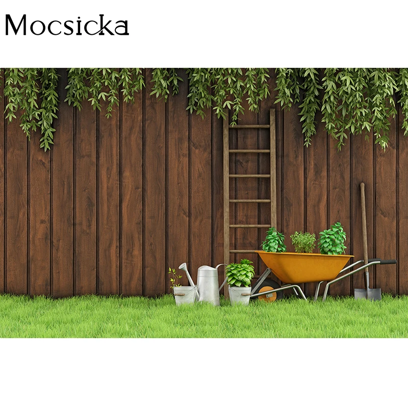 Mocsicka Spring Photography Background Garden Lawn Watering Kettle Decoration Props Child Portrait Photo Backdrop Banner