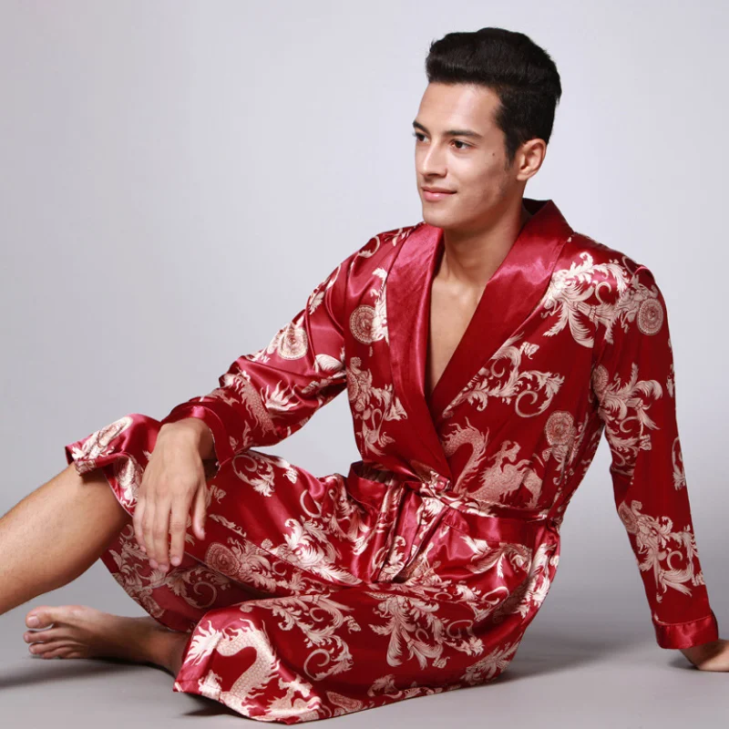 

Men Silk Robes Spring Summer Satin Kimono Bathrobe Dragon Knee Length Long Sleeve Home Bath Robe Dressing Gown Sleepwear MY441