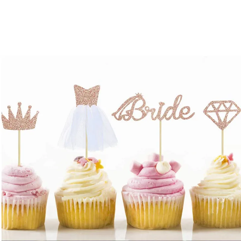 

4/12pcs Rose Gold Glitter Bride To Be Cupcake Toppers Diamond Crown 3D Wedding Dress Cake Toppers for Bridal Shower Supplies