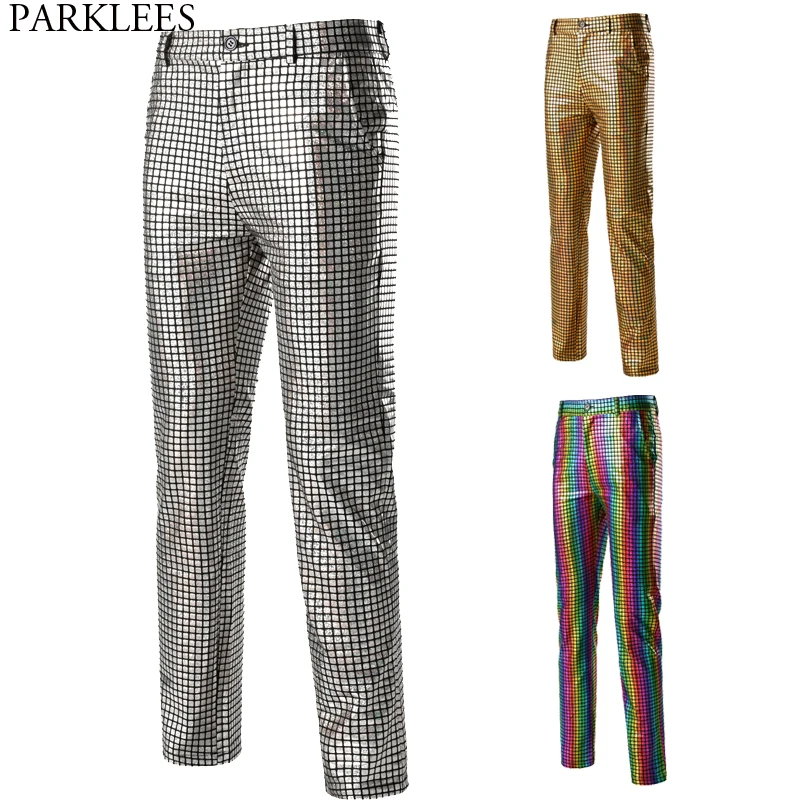 Mens Dancer Stage Pants Gold Silver Rainbow Plaid Sequin Trousers Men Disco Festival Christmas Party Prom Pantalones Hombre 3XL