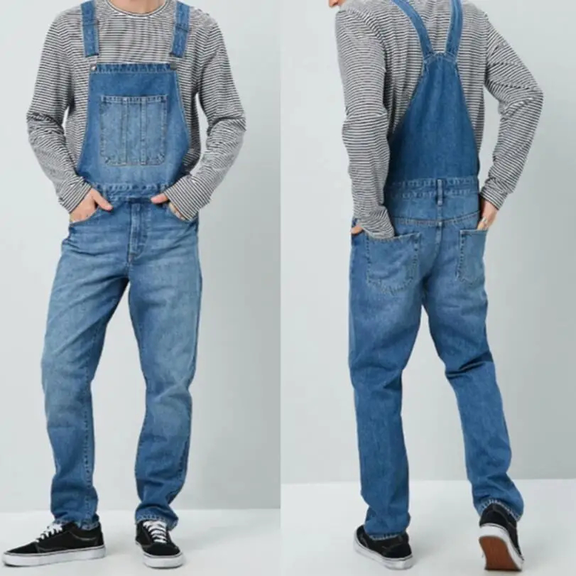 

Denim Overalls Men Slim One Piece Full Length Jeans Casual Straight Jeans Button Strap Pant Pockets Pantalon Homme 2020 w268