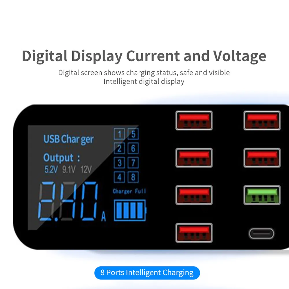 8 Ports USB C QC 3.0 Car Charger LED Digital Display Fast Charging For iPhone 11 Pro Max Samsung Xiaomi Huawei Car Phone Charger