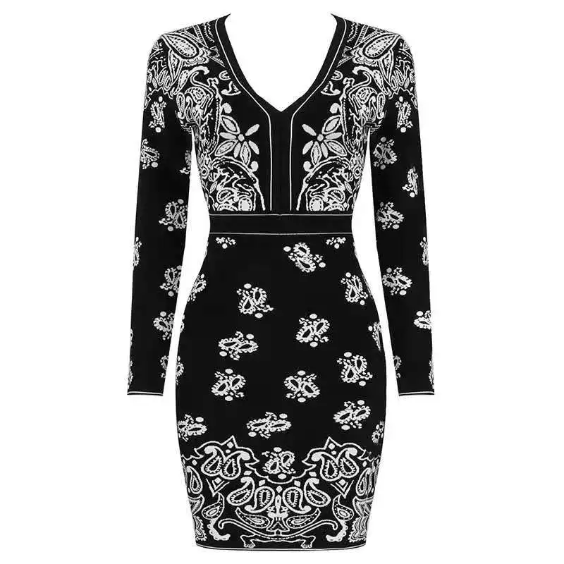 

2021 New Fashion Printed Casual Bodycon Women Long Sleeve Bandage Dress Vintage Party Robe Femme French Vestidos Sexy V Neck