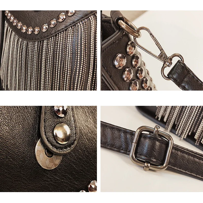 Women Tassel Shoulder Bag Punk Rivet Ladies Messenger Bag Small Bucket Fringe Bag Female Crossbody Bags for Women Bag Sac A Main