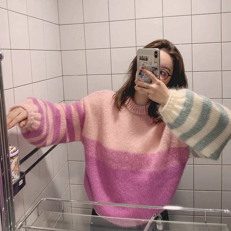 Cute Sweaters 2021 Newly Women's Rainbow Mohair Striped Pullovers Puff Sleeve O-Neck Chic Pull Femme Colorful Streetwear