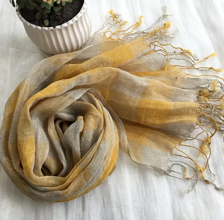 100% Linen Plaid Contrast Tassels Linen Men/Women Yellow Scarves Woman Spring Scarf Pashmina Shawls Wraps Head Scarf bandanas