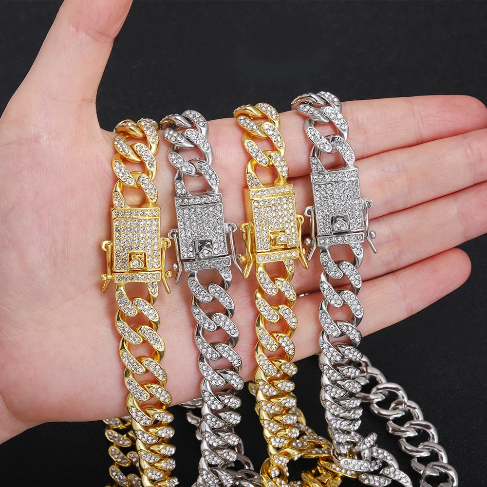 Necklace +Watch+Bracelet Hip Hop Miami Curb Cuban Chain Gold Iced Out Paved Rhinestones CZ Bling Rapper For Men Jewelry 20inch