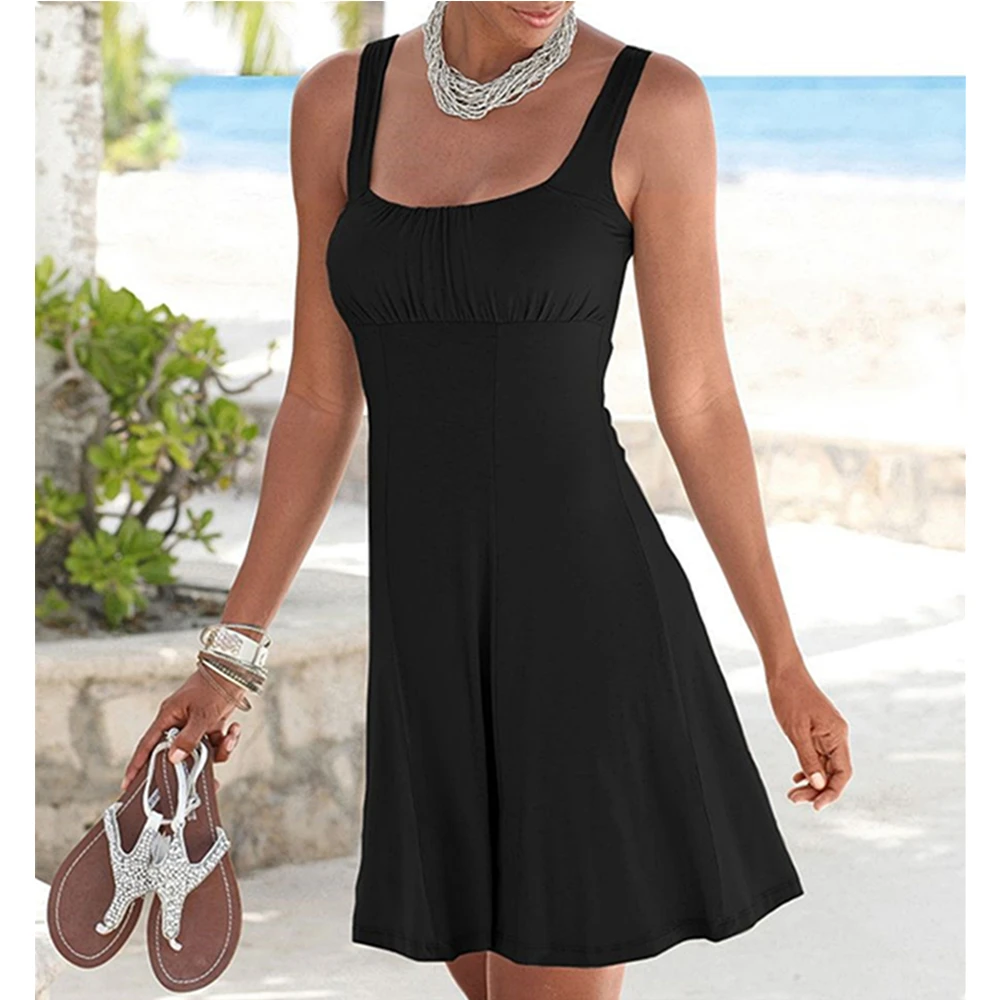 

Black Classic Mini Dresses Women Summer Sexy Backless Solid Spaghetti Strap Square Collar Sleeveless A Line Beach Style Dress