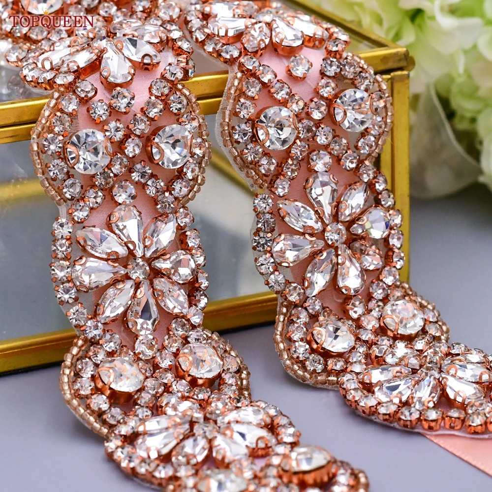 TOPQUEEN S161B-RG Bridal Dress Belts Rose Gold Rhinestones Applique Luxury Designer Women Evening Party Sash Wedding Accessories