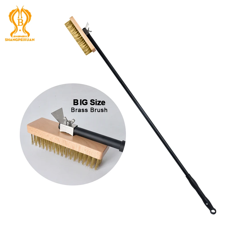 SHANGPEIXUAN Professional Big Size Pizza Oven Copper Brush Scraper Grill Brass Cleaning Brush with 47 inch Aluminium Handle