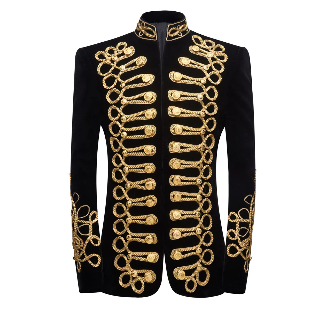 Men Heavy Handmade Gold Rope Embroidery Velvet Blazer Button Military Uniform Suit Jacket for Wedding Party Stage Performance