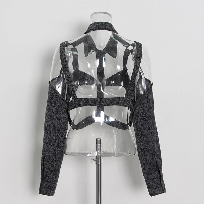 ECRURANI Cut Out Black Women's Blouse Lapel Long Sleeve Casual Patchwork Solid Short Shirts For Female 2022 Fashion New Clothing