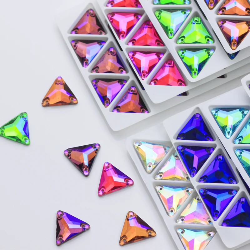 

All colors sewing on rhinestones tri-angle flatback sew-on glass rhinestone three holes glass stone for DIY wedding for dress 15