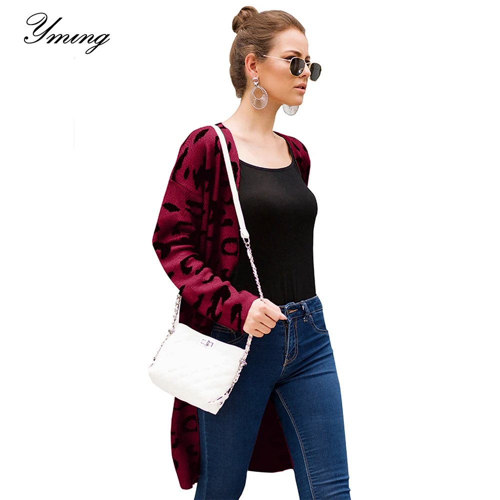 

YMING Autumn Winter Women Leopard Cardigan Loose Long Knitwear Hooded Sweater Casual Harajuku Open Stitch Sweaters Jumpers