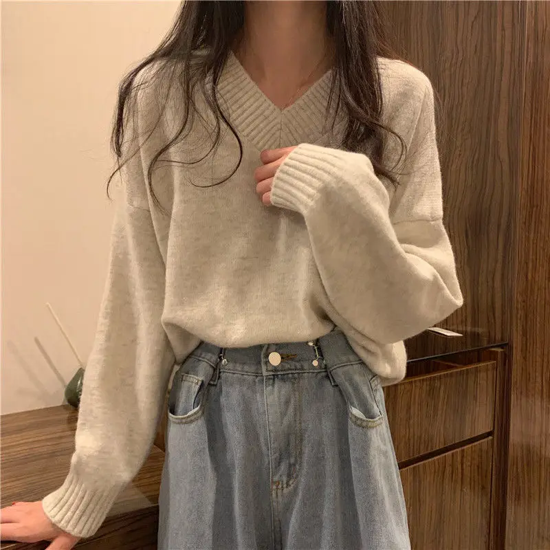 Pullovers Women Daily BF Female Sweater V-Neck Sweet Classic Pure Simple Basic Ulzzang College Knitted Long Sleeve Soft Hot Sale