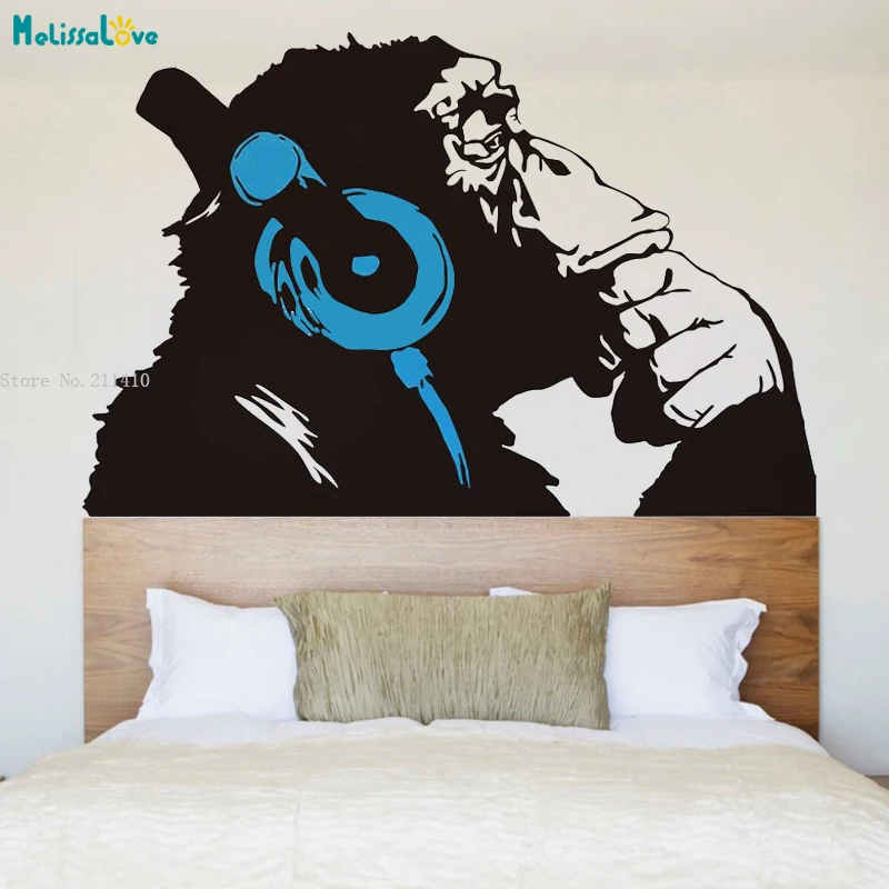 Graffiti Monkey With Headphones Custom Two Colors Wall Stickers Chimp Head Listening to Music Earphones DJ Vinyl Decals YT4091