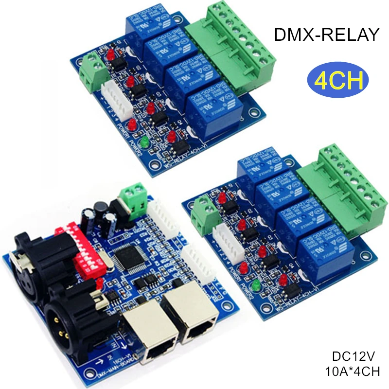 

4CH DMX512 LED Controller 4channel RJ45 Decoder for led lamp led RGB strip light WS-DMX-RELAY-4CH/*2 DC12V 10A*4CH Relays decode