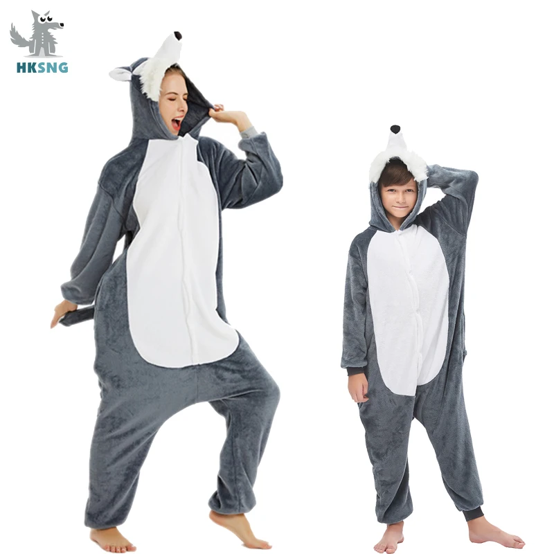 

Flannel 3D Grey Adult Kigurumi Wolf Onesie Cartoon Pajama Animal Halloween Party Costume Jumpsuits Hooded Pyjamas Suit Outfit
