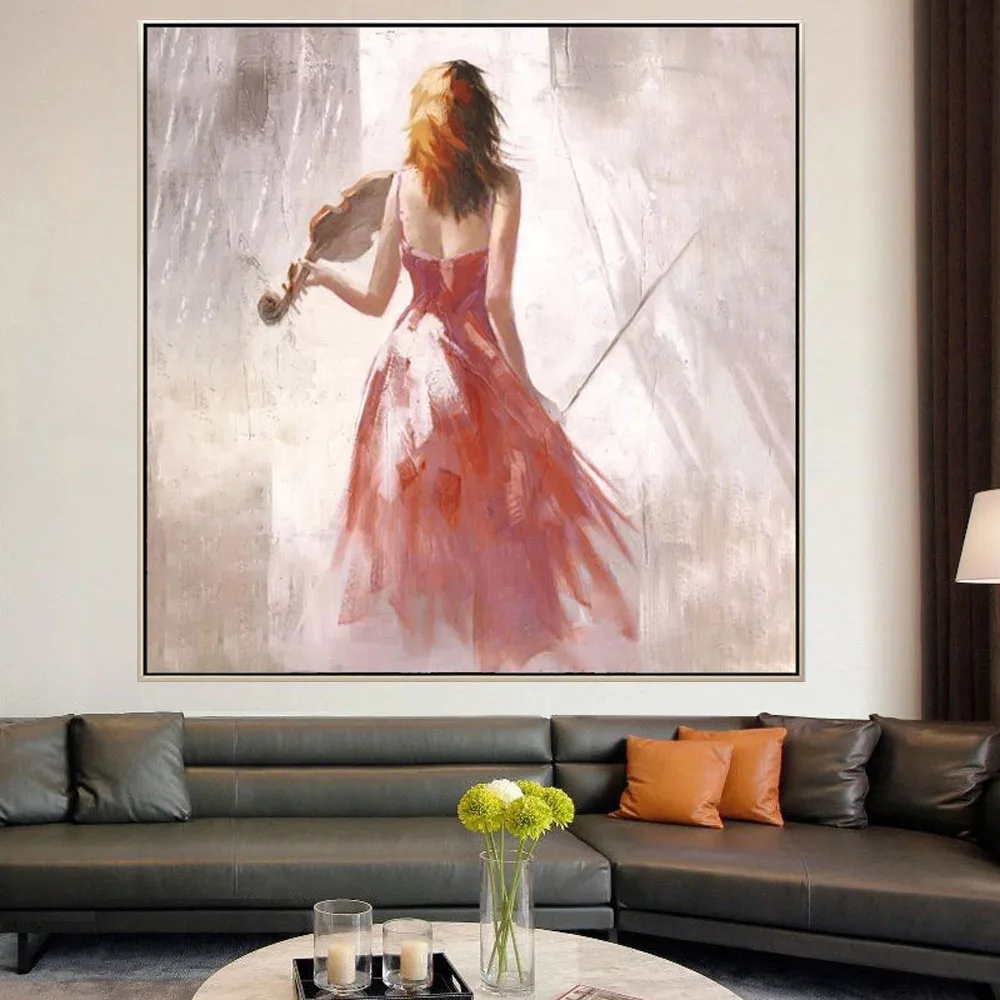 Hand-painted beautiful oil painting violin artist wall painting light red texture canvas painting home hotel theater decor mural