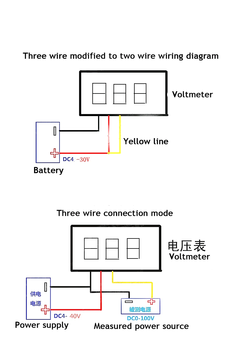 0.28/0.36Inch 2 wire 0-30V / 3 wire DC 0V-100V Digital Voltmeter LED Display Mini 2/3 Wires Voltage Meter Ammeter High Accuracy