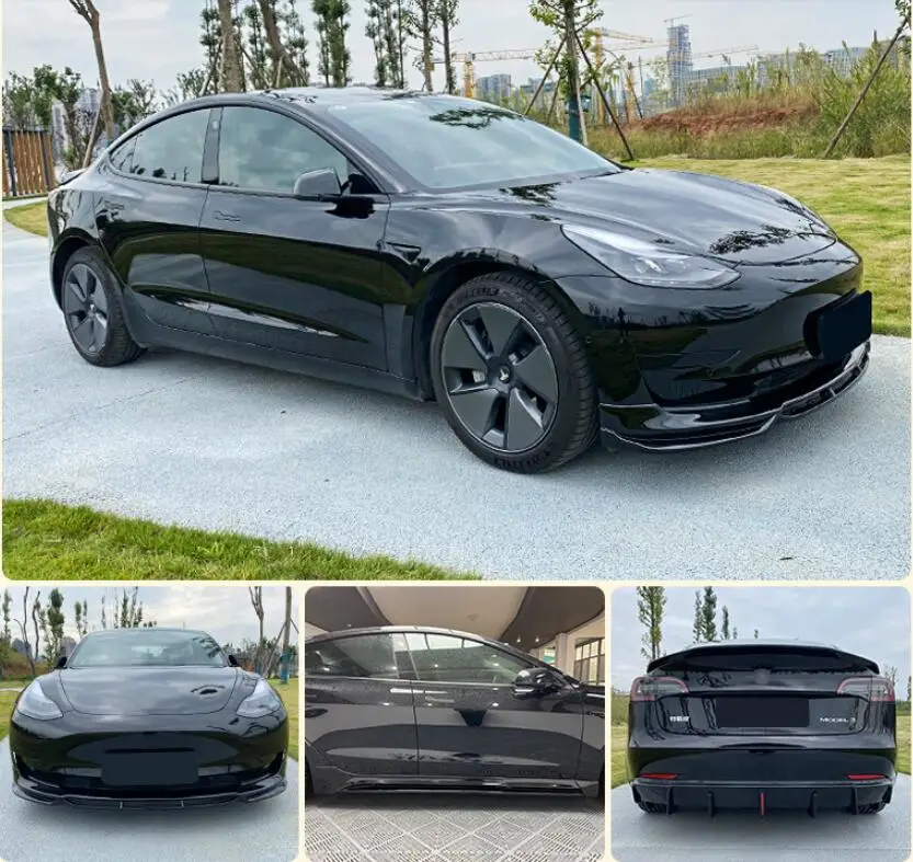 ABS Black Carbon Front Bumper Lip+Rear Spoiler+Trunk Diffuser Cover+Side Body Skirt For Tesla Model 3 2017 2018 2019 2021 2022