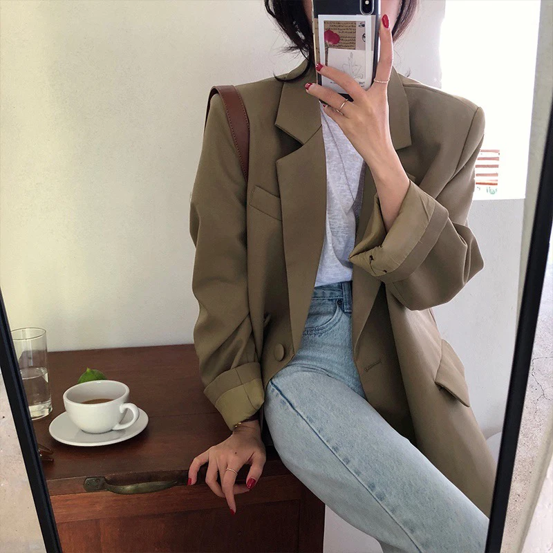 BGTEEVER Chic Loose Brown Women Blazer Spring Summer One Button Female Suit Jacket Full Sleeve Outwear blaser femme 2021