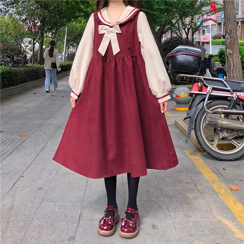 Japanese College Style Sailor Collar Slimming Long Sleeve Mid-Length Jumpsuit Autumn and Winter 2020 New  school girl uniform