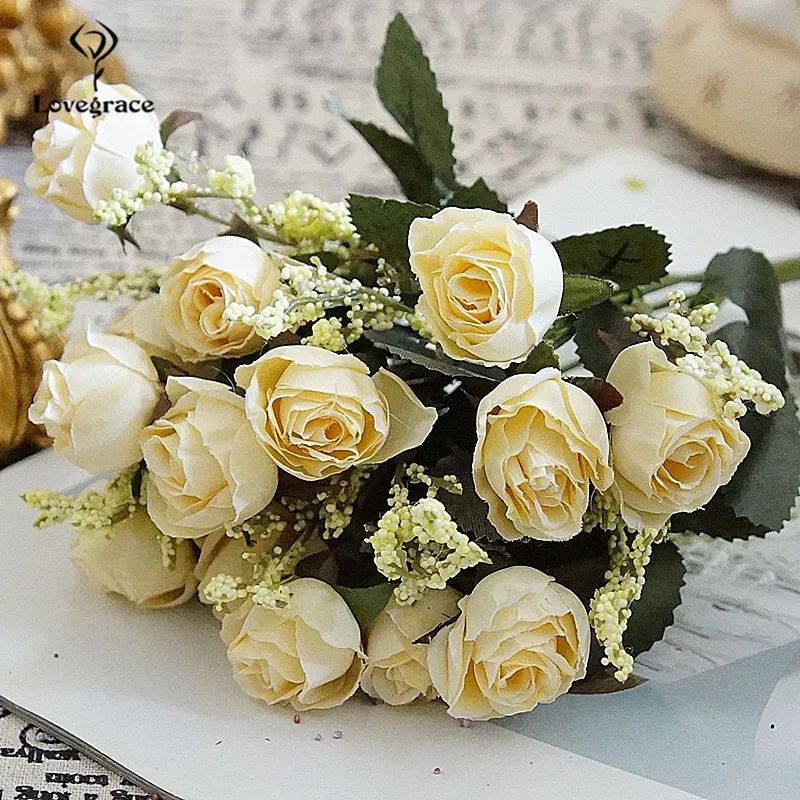 Ramo de flores artificiales de seda roja rosa de tela, 15 cabezas, pequeño ramo de novia de franela, Decoración de mesa para el hogar de boda, flores falsas