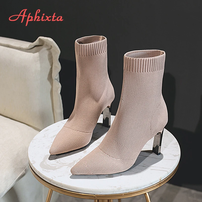 Aphixta Metal Blade Heels Socks Boots Women Stretch Fabric Elastic Stilettos Heel Pointed Toe Ankle Boots Shoes Woman Boats