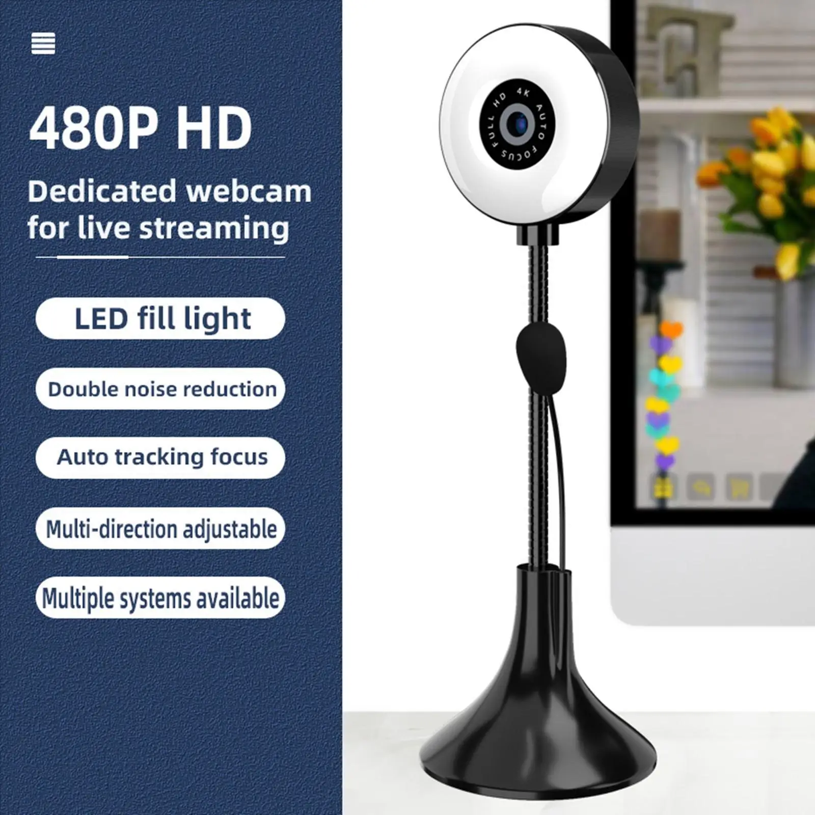 Webcam 4K Full HD USB Adjustment Multi-Directional Web cam for Webcast Skype Streaming Live