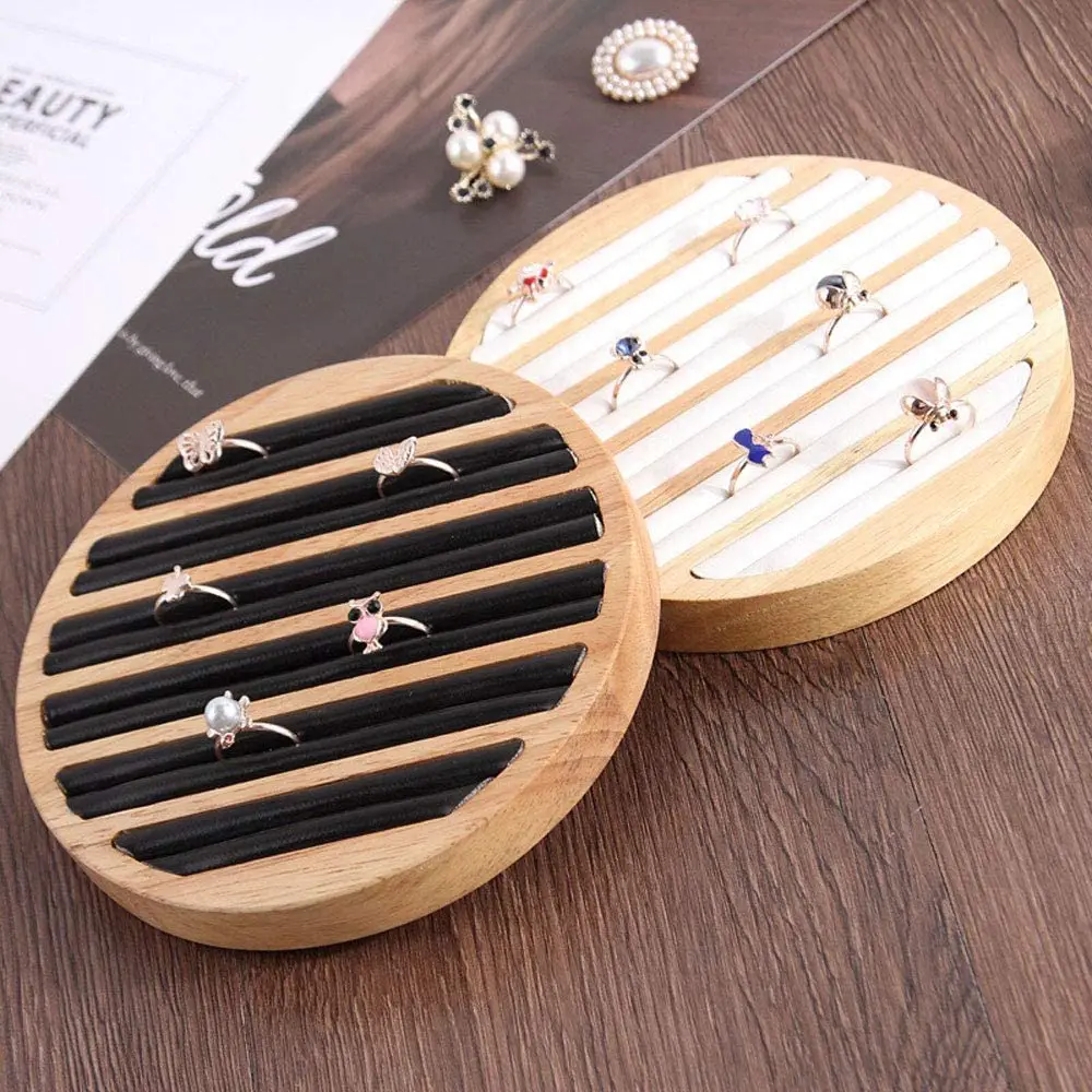 Espositore per anelli in legno grande capacità 6 slot lunghi inserto in pelle unico portaoggetti per gioielli orecchino vetrina organizzatore