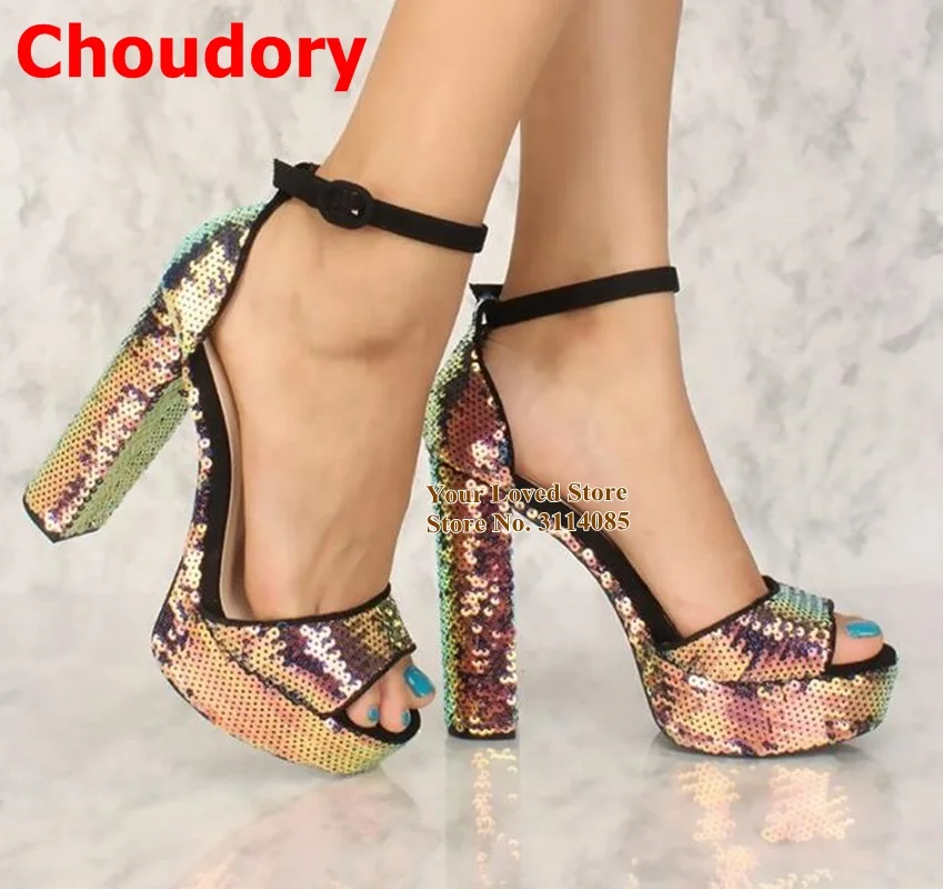 Choudory Hologram Iridescent Bling Bling Sequined Sandals Chunky Heel Platform Paillette Glitter Wedding Shoes Dress Pumps 46