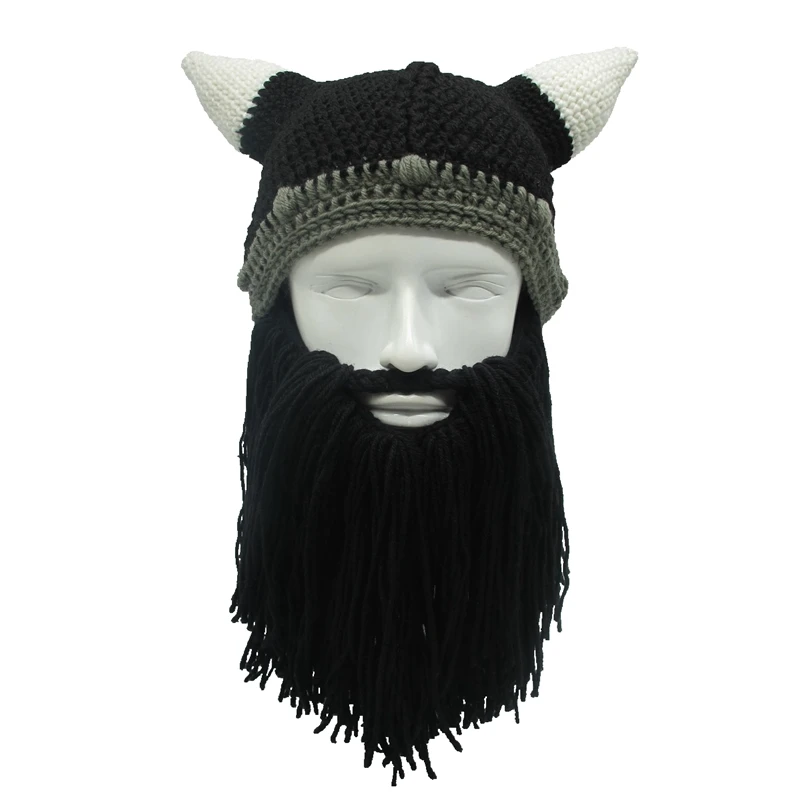 New Barbarian Viking Beanie Beard Horn Hat Handmade Knit Winter Warm Cap Men Women Birthday Cool Funny Gag Party Christmas